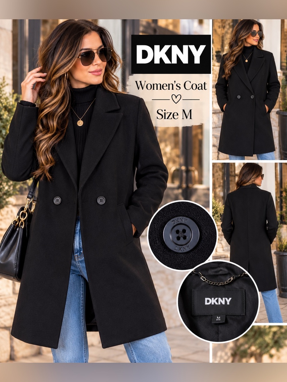 DKNY Black Double-Breasted Wool-Blend Pea Coat